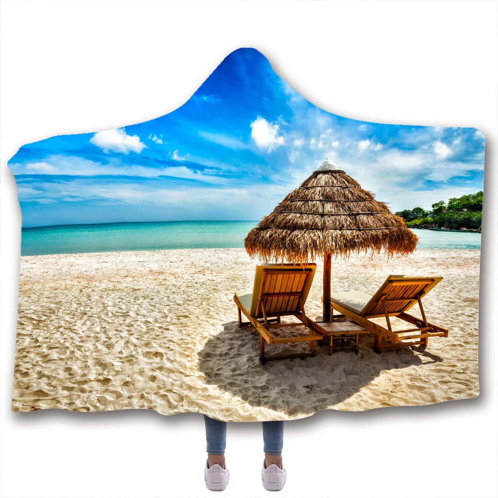 Пляжное мягкое одеяло с волнистым принтом теплое шерстяное бархатное капюшоном