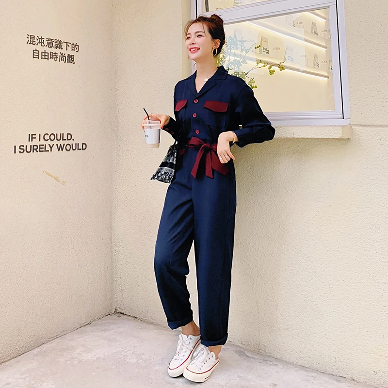 

Women Fashion Splice Long Sleeve Bandage Jumpsuits Spring Fall Streetwear Hip Hop Loose One Piece Cargo Pants Sets Overalls 1610