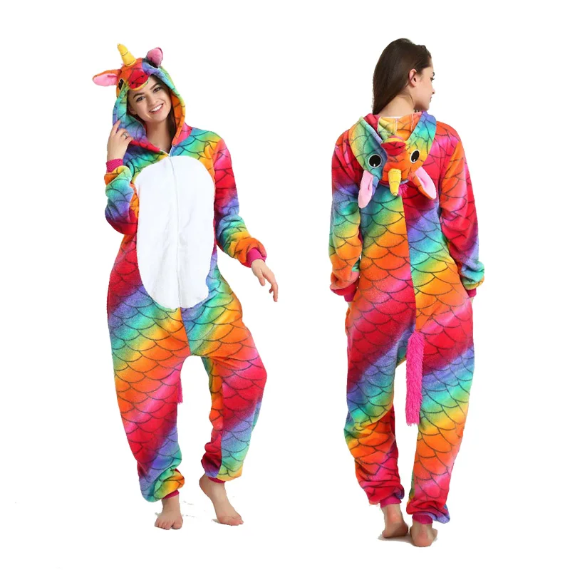 Fish scale unicorn1 Фланелевые пижамы унисекс для взрослых с рисунками животных, Ститч, панда, единорог,, зимние теплые комплекты для сна для женщин и мужчин - Цвет: Fish scale unicorn1