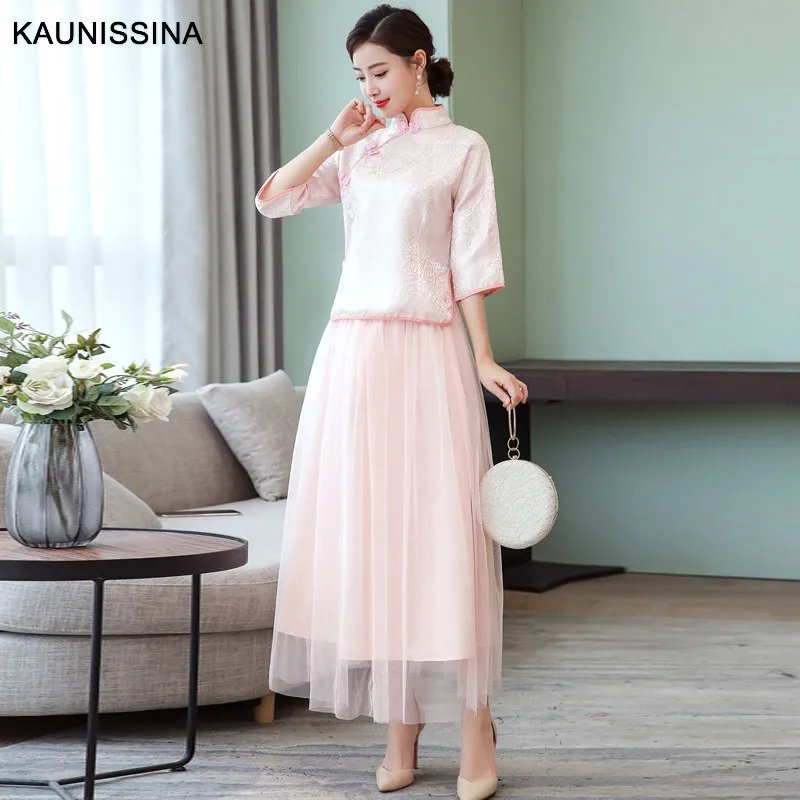 KAUNISSINA Wedding Bridesmaid Dress Elegant Qipao Traditional Chinese Women Mandarin Collar Vestido Two Piece Dresses | Свадьбы и
