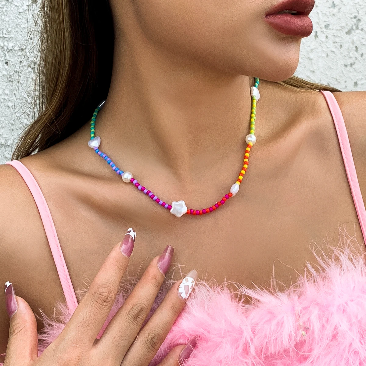 

IngeSight.Z Imitation Pearl Love Heart Short Choker Necklaces Colorful Rainbow Seed Beaded Collar Necklaces Women Neck Jewelry
