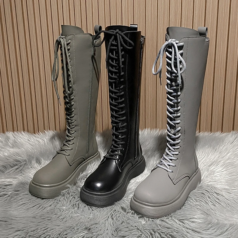 

New Women Boots Mid Calf Boots Solid Color Lace Up Female Boots Platform Thick Heels Zipper Ladies Fashion Shoe Comfortable 2021