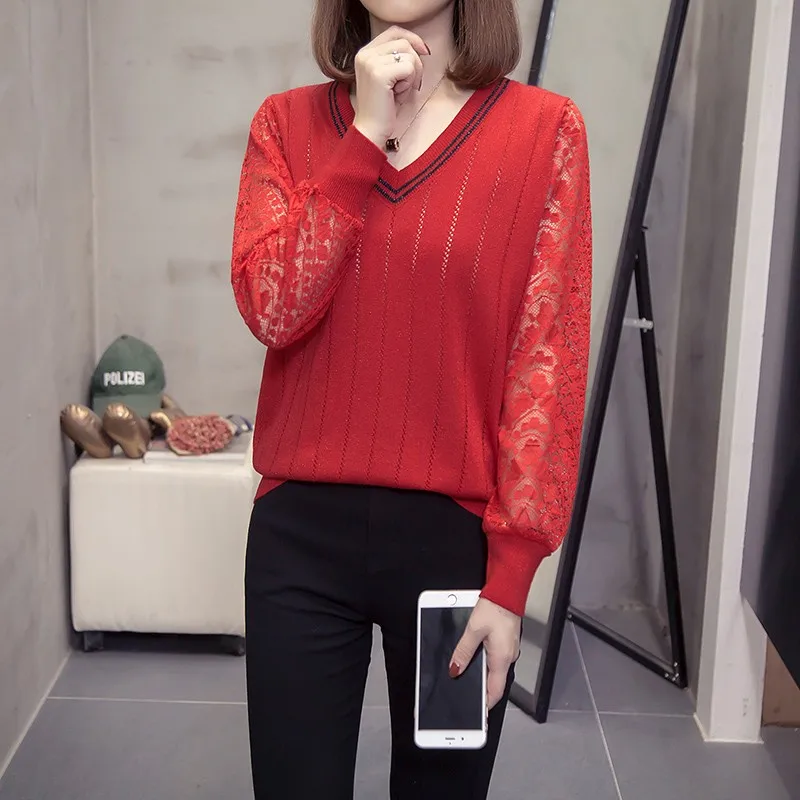 

Women's Knitting Patchwork Hollow out Lace V-Neck Sweaters Pullover Women Long sleeve Loose sweater female mujer suéteres XXXXL