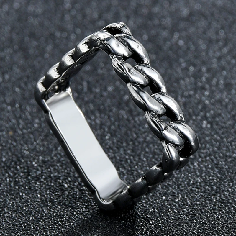 

Vintage Silver Color Square Chain Rings For Women Men Antique Jewelry Male Female Punk Hip Hop Ring Gifts
