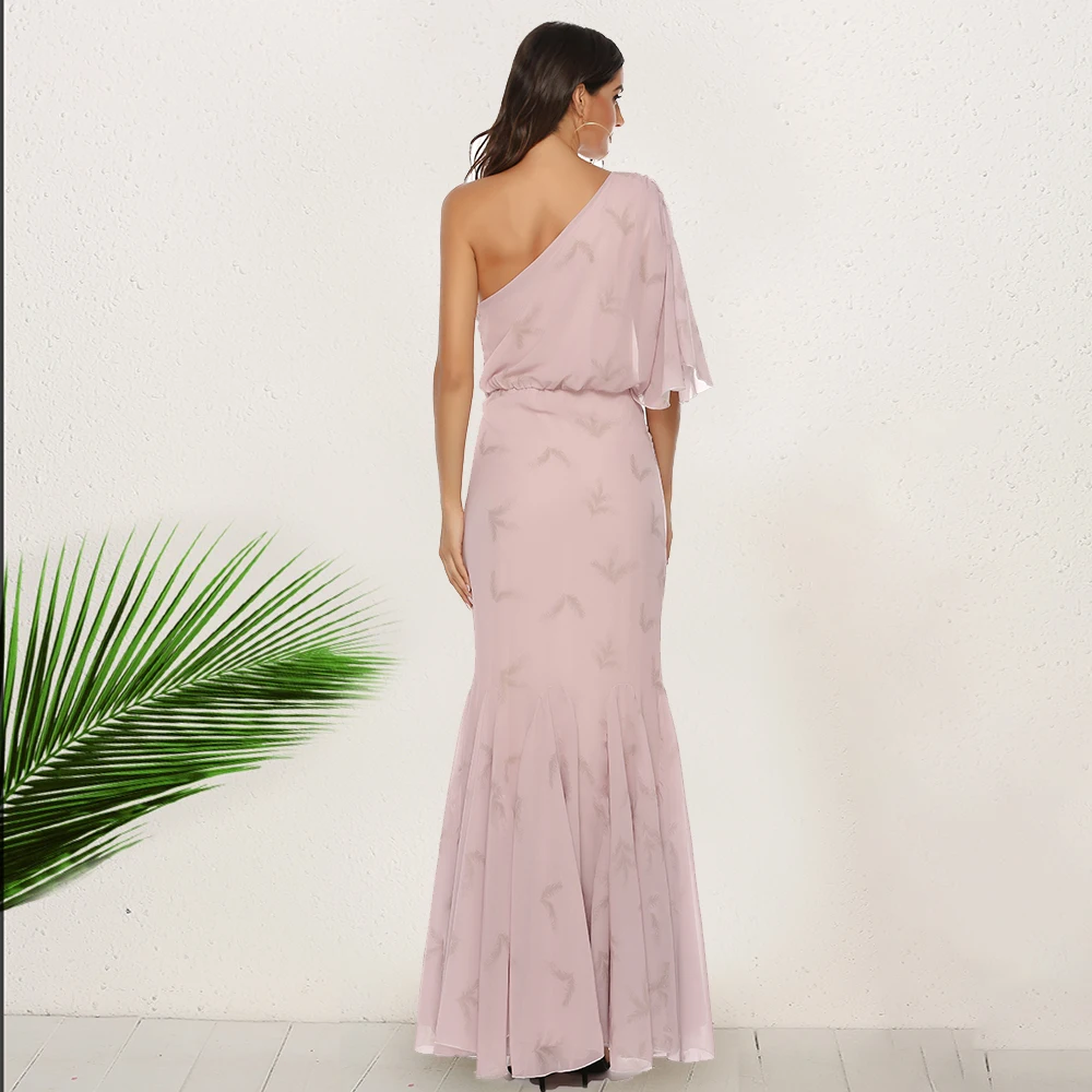 

Women Party Pink Dress Sexy Sparkle Glam One-shoulder Elegant Mermaid Long Dresses Nightclub Female Vestidos