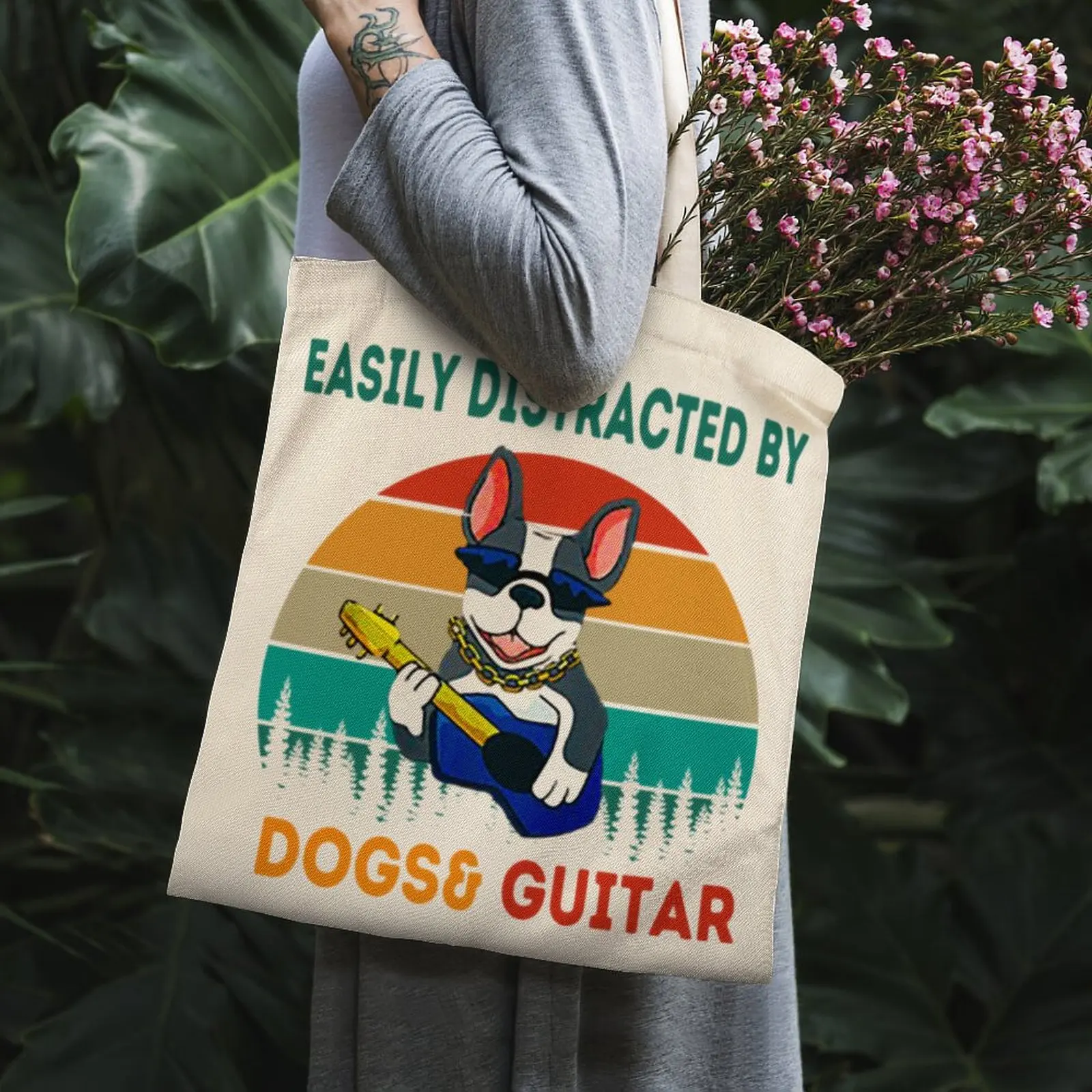 

EASILY DISTRACTED BY DOGS AND GUITAR VINTAGE SUNSE Tote Bag White Carrier Bag Kawaii School Custom Logo