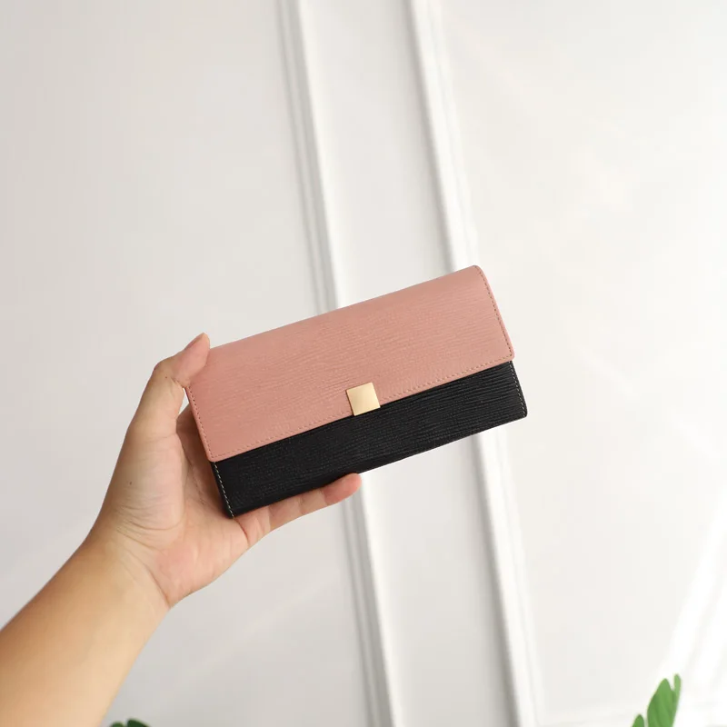 

WOONAM Women Fashion Wallet Natural Top Hide Genuine Calf Leather Contrast Color Long Fold Organizer Wallet Cash Holder Purse