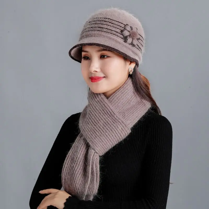 RUHAO Layer Winter Hats for Women Rabbit Fur Hat Warm Knitted and Scarf set Middle Age Large Flower Mom Beanies cap | Аксессуары для