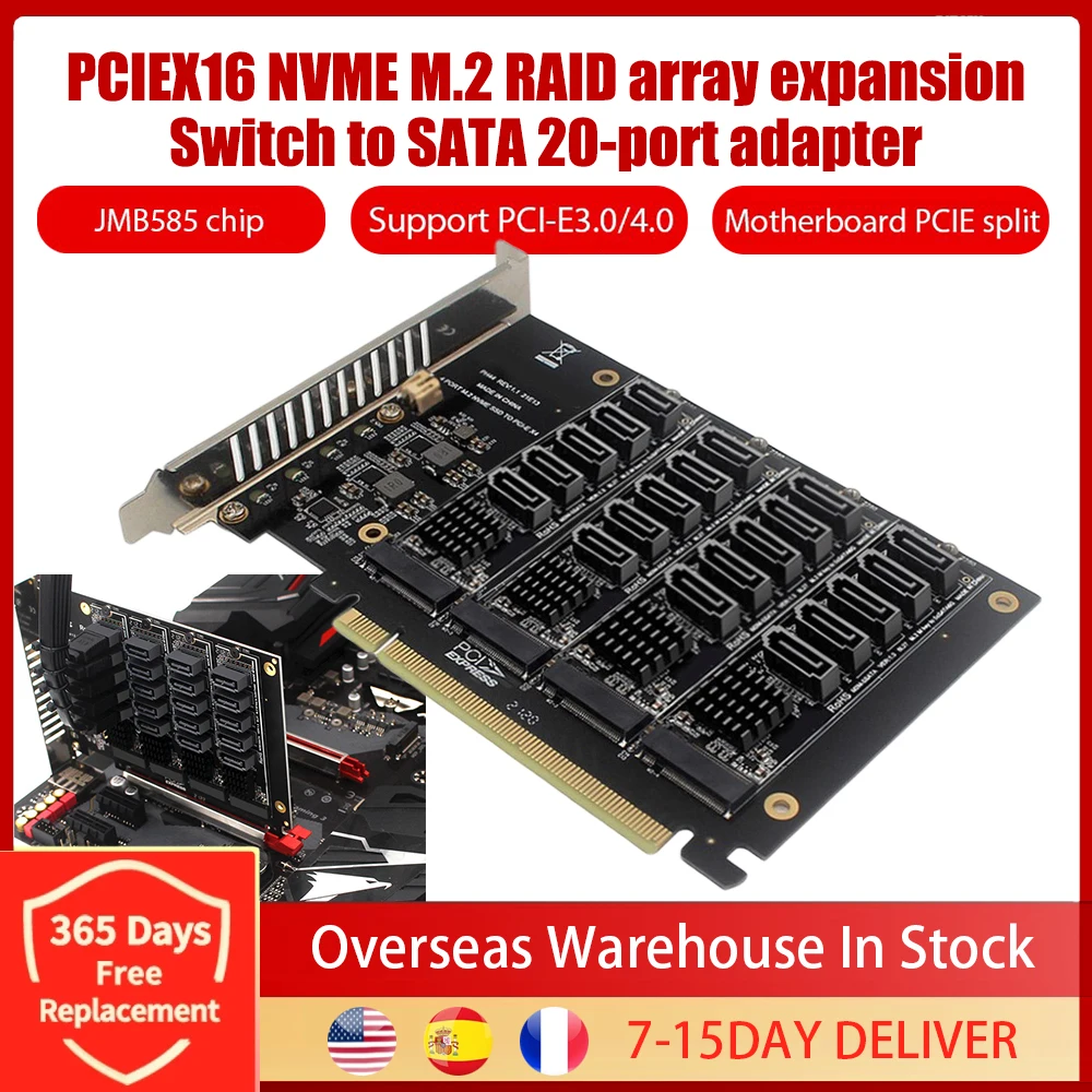 

Плата расширения PCIE 3,0 4,0 X16 NVME M.2 RAID PCI-E на SATA 20 портов 4*32 Φ JMB585, плата адаптера чипа для ASUS Hyper M.2X16
