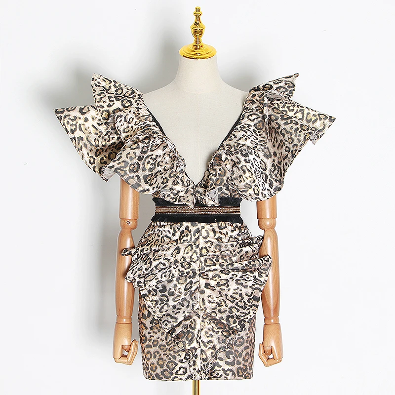

SISPELL Leopard Dresses For Girls Patchwork Ruffle Deep V Neck Backless High Waist Ruched Women's Sexy Party Dress 2020 Fahion