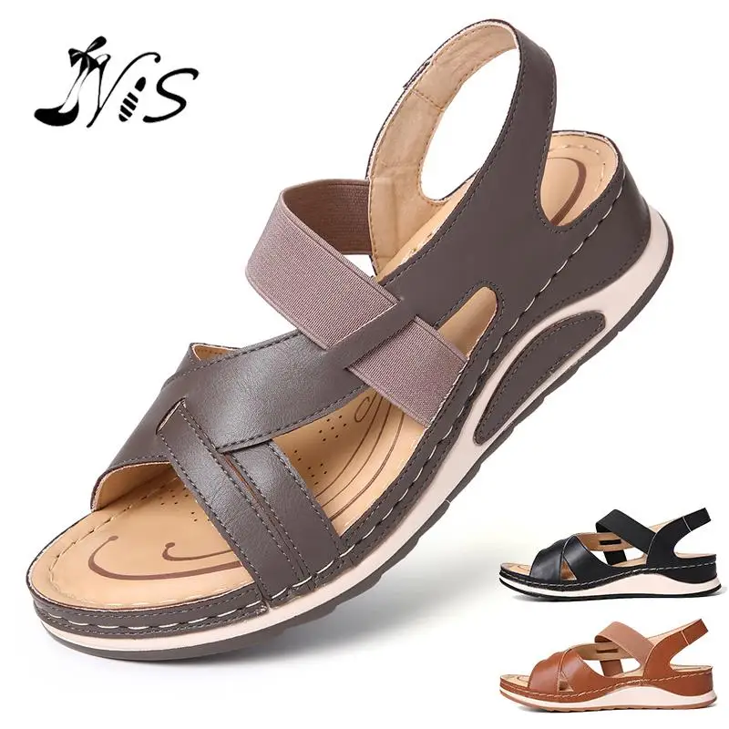 

Nis Platform Wedge Sandals Leather Sandal Slippers Anti Slip Open Toe Ankle Strap Slip On Flat Shoes Casual Retro Beach Shoes