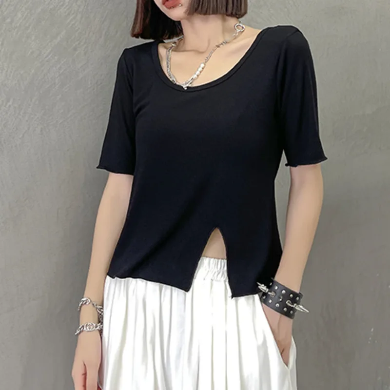 

XUXI 2021 Summer, Women Short Tops, T-shirt Thin, Short Sleeve, Split Design, TShirt Slim Slimming Casual T Shirt, E2200