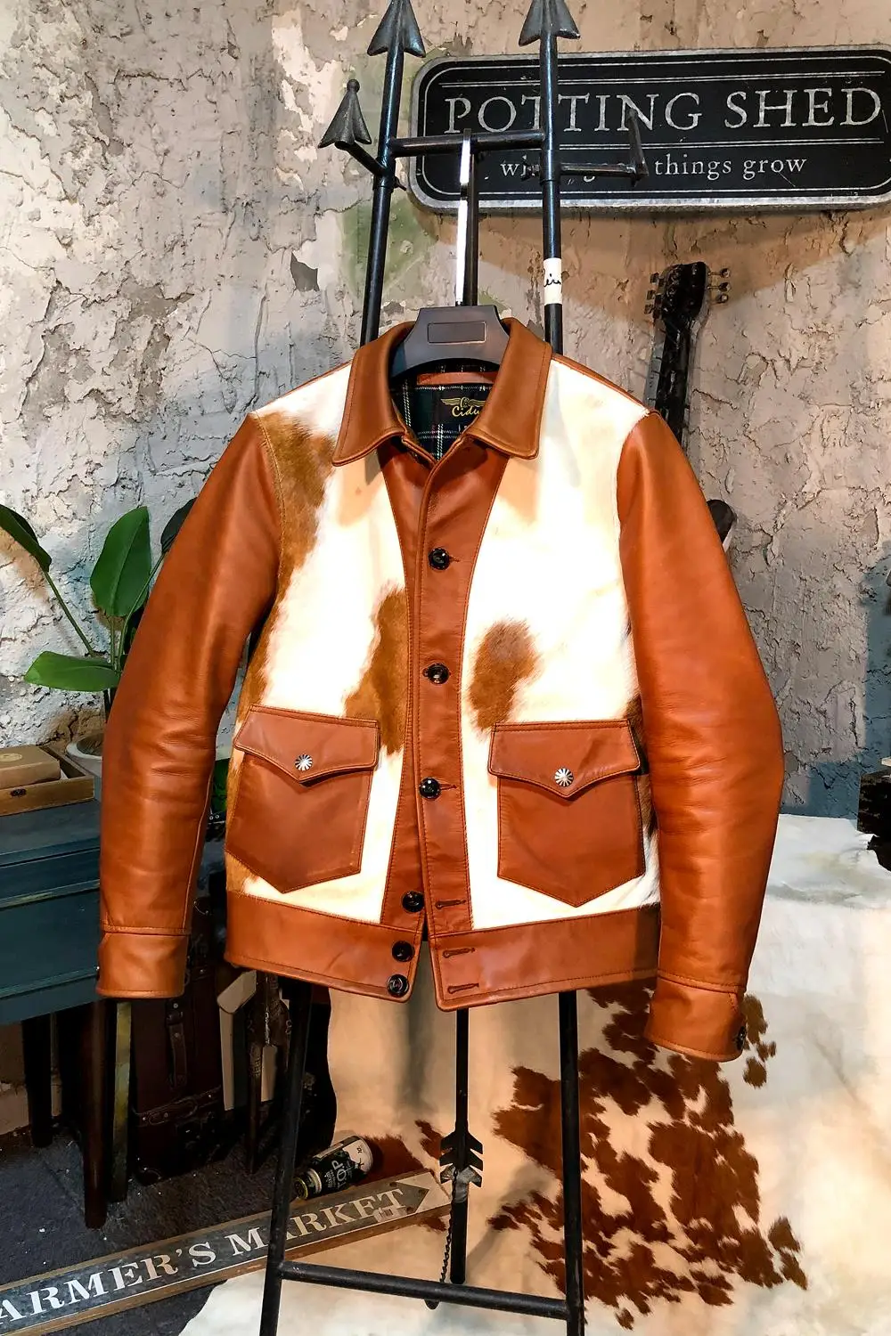 

American-Style Vintage Cow Fur Leather and Fur in One Uncoated Leather Jacket Men's Khaki Leather Jacket