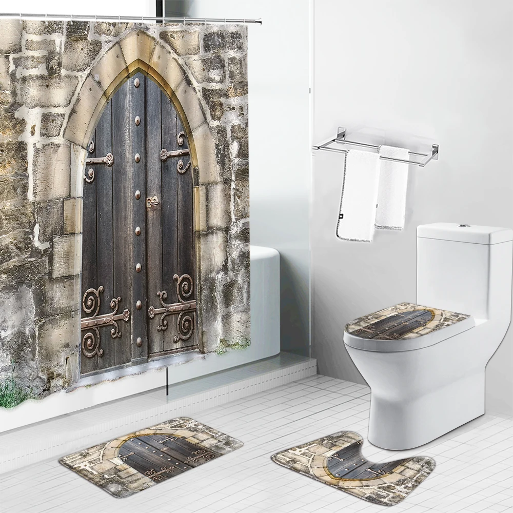 

Retro Old Vintage Wood Door Shower Curtain Set European Style Wood Grain Flannel Toilet Cover Mat Non Slip Rug Bathroom Curtains
