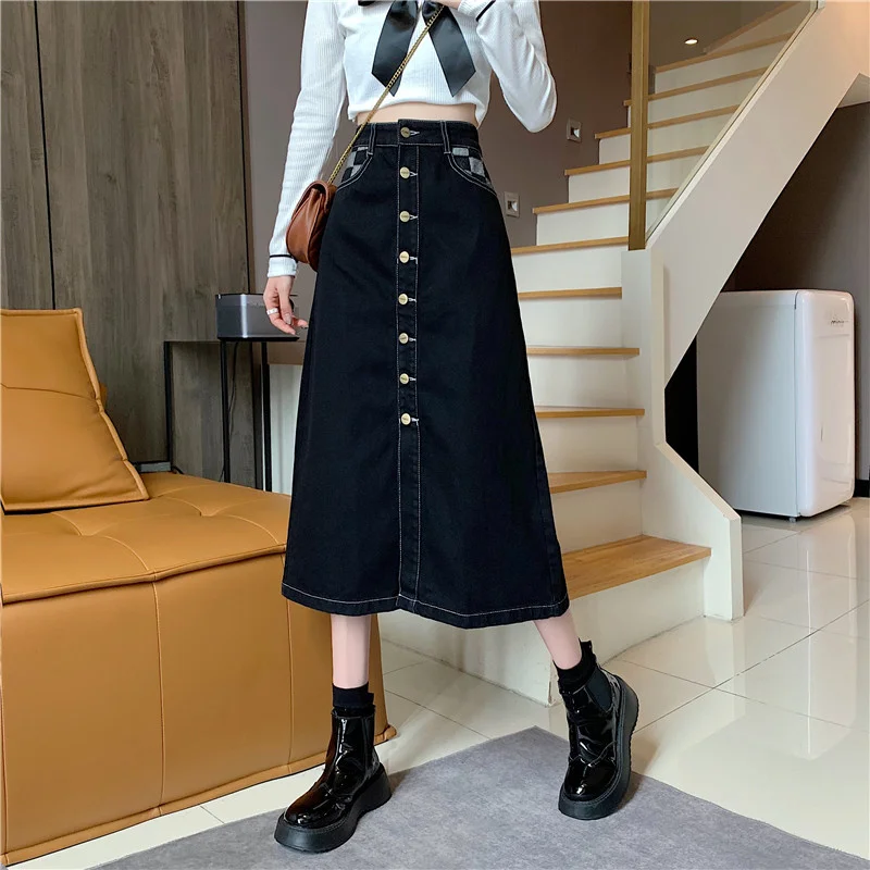 

Fall Winter Cowboy Skirt Chic High Waist A- Line Skirt Women's Plaid Stitching New Black Midi Skirt