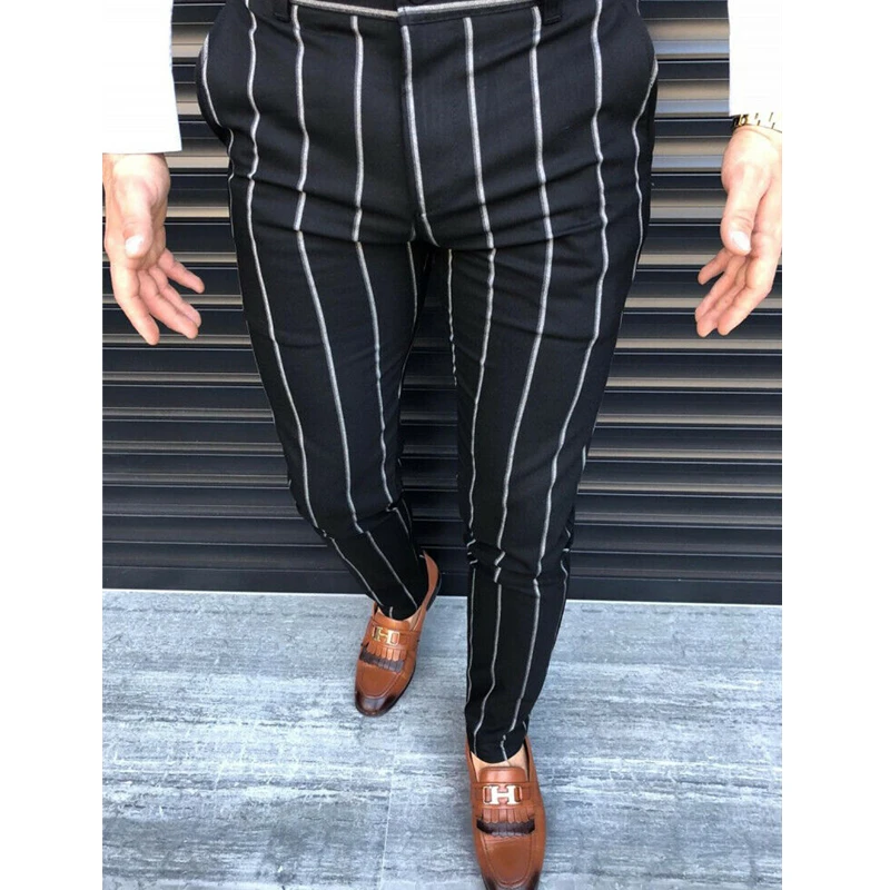 Черный Роскошные мужские формальные полосатые брюки Slim Fit повседневные деловые офисные длинные брюки Умные повседневные узкие брюки новинка осень зима - Цвет: Черный