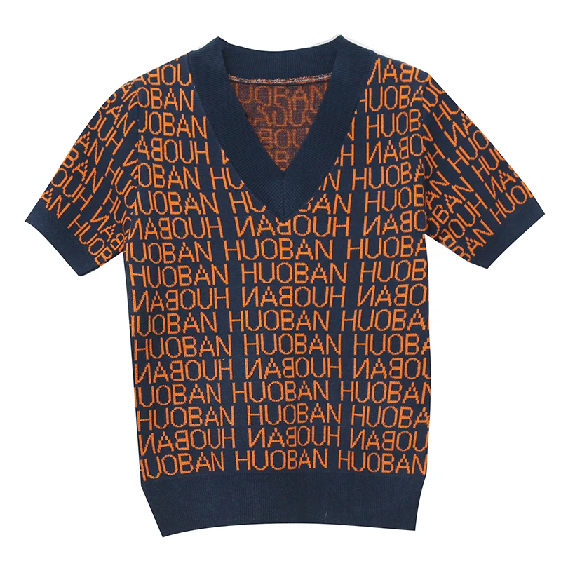 

European station spring 2021 new style European style sweater short-sleeved T-shirt female V-neck slim foreign base sweater