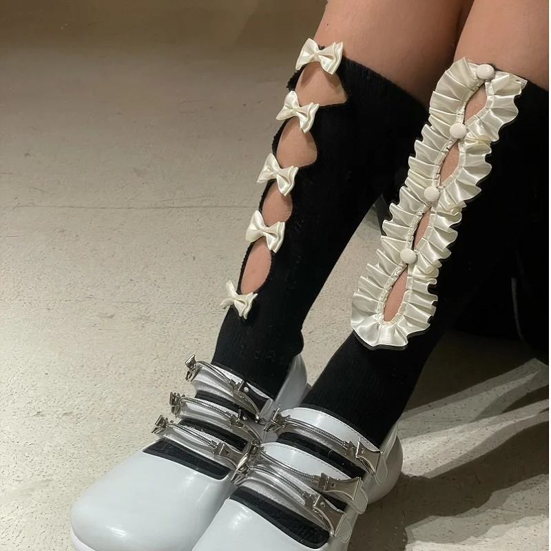 

Japanese Harajuku Sweet Bow Ruffles Sexy Hollow Out Black White Elastic Socks Women Girls