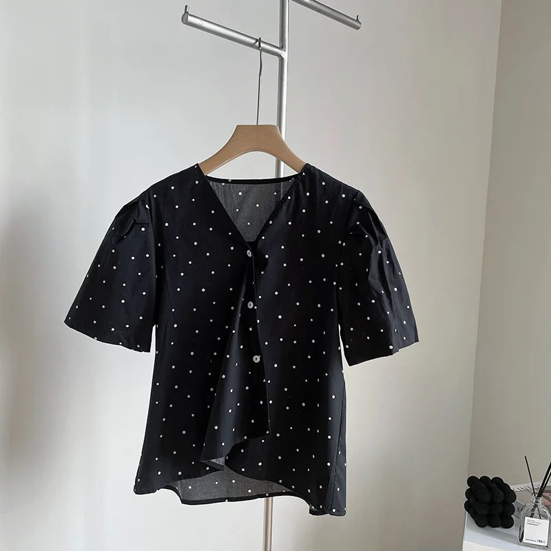 

V-neck Short Sleeve Polka Dot Oblique Placket Shirt For Women 21 Summer New Casual Slim Lady Shirt