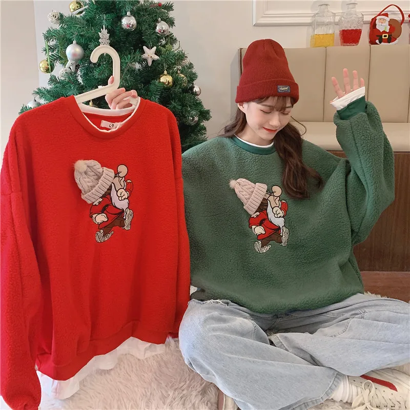 

Fake Two Pieces Of Christmas Lamb Velvet Sweater Women Niche Embroidery Santa Claus Loose Korean Style Wild Foreign Coat
