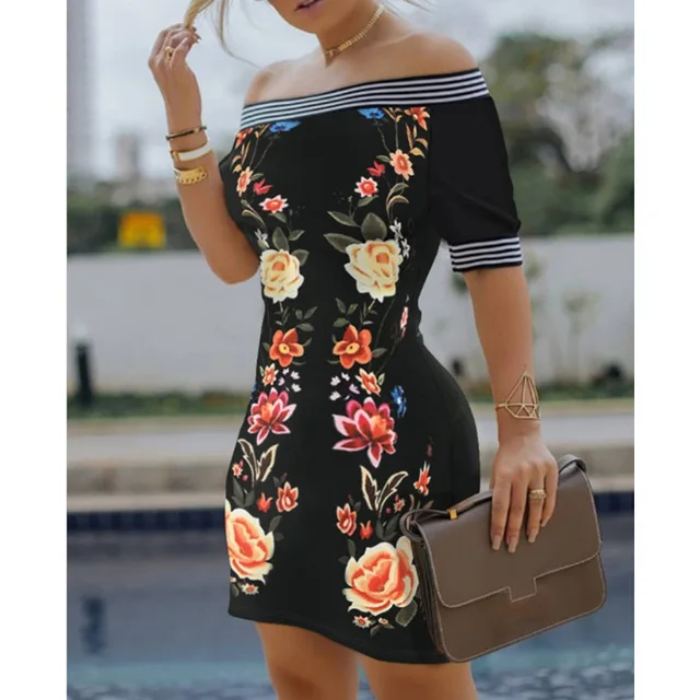 

Sexy Women Summer Dress Off Shoulder Floral Peacock Print Striped Tape Bodycon Dress