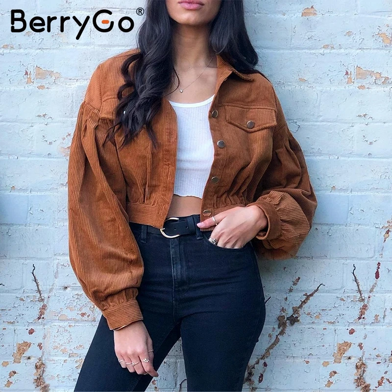 Коричневый BerryGo/Повседневные вельветовые куртки с длинными рукавами и пуговицами для женщин; коллекция года; сезон осень-зима; офисные женские однотонные пальто; женские короткие куртки с лацканами - Цвет: Коричневый