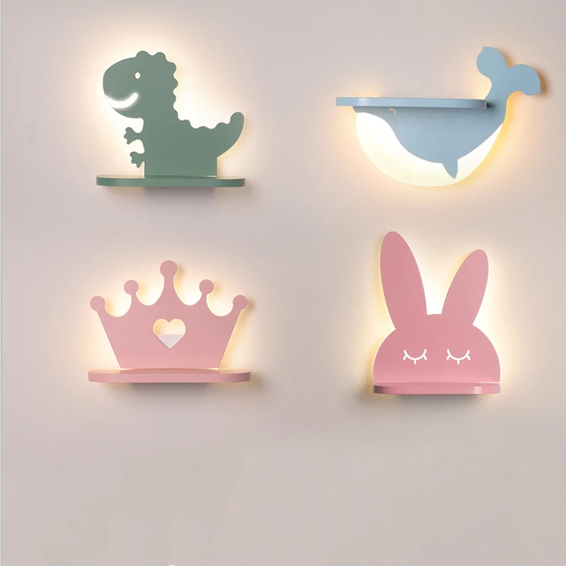 Lámpara LED de pared con dibujos animados para niños, iluminación moderna para dormitorio infantil, candelabros creativos, bonito dinosaurio rosa, luz cálida para decoración interior de cabecera