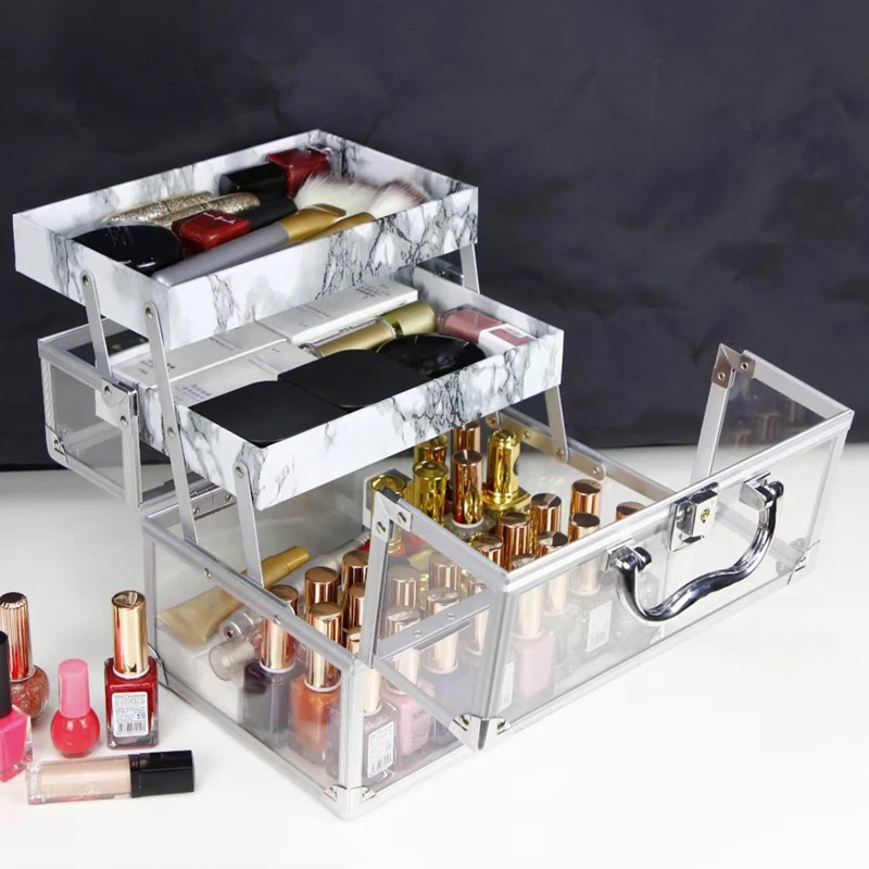 

Beauty Makeup Box Cosmetic Train Case Portable 3 Tier Trays Jewelry Storage Organizer Makeup Display Case