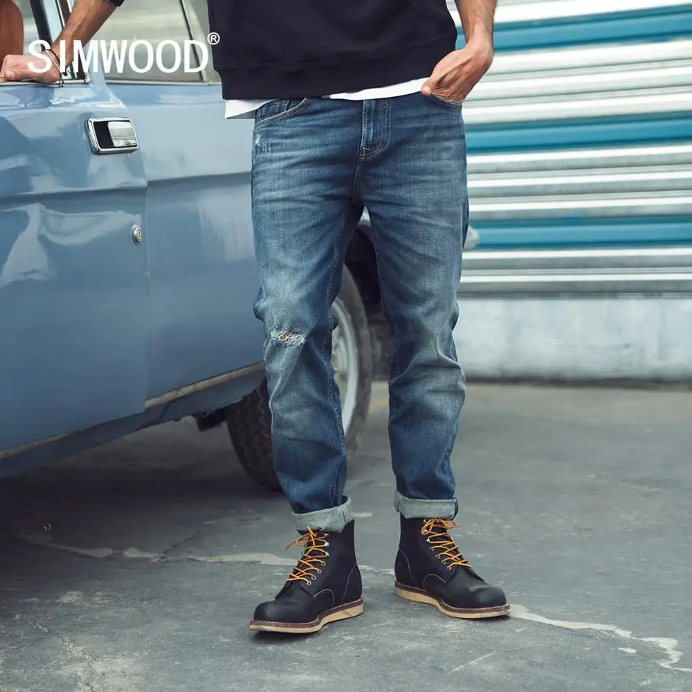 

SIMWOOD 2022 весенние зауженные джинсы, мужские рваные джинсы размера плюс, джинсовые брюки SJ110140