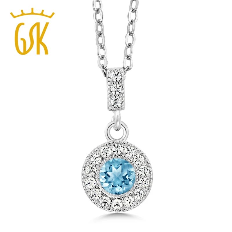 GemStoneKing 0 83 Ct Круглый натуральный голубой топаз драгоценный камень кулон ожерелье