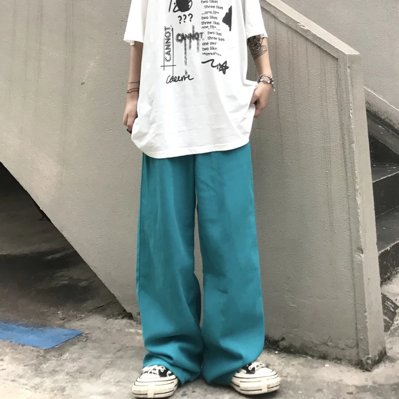 

Harajpoo Women Pants High Street Jeans Summer Korean INS Retro Washed Loose High Waist Couple Wide Leg Drape Straight Trousers