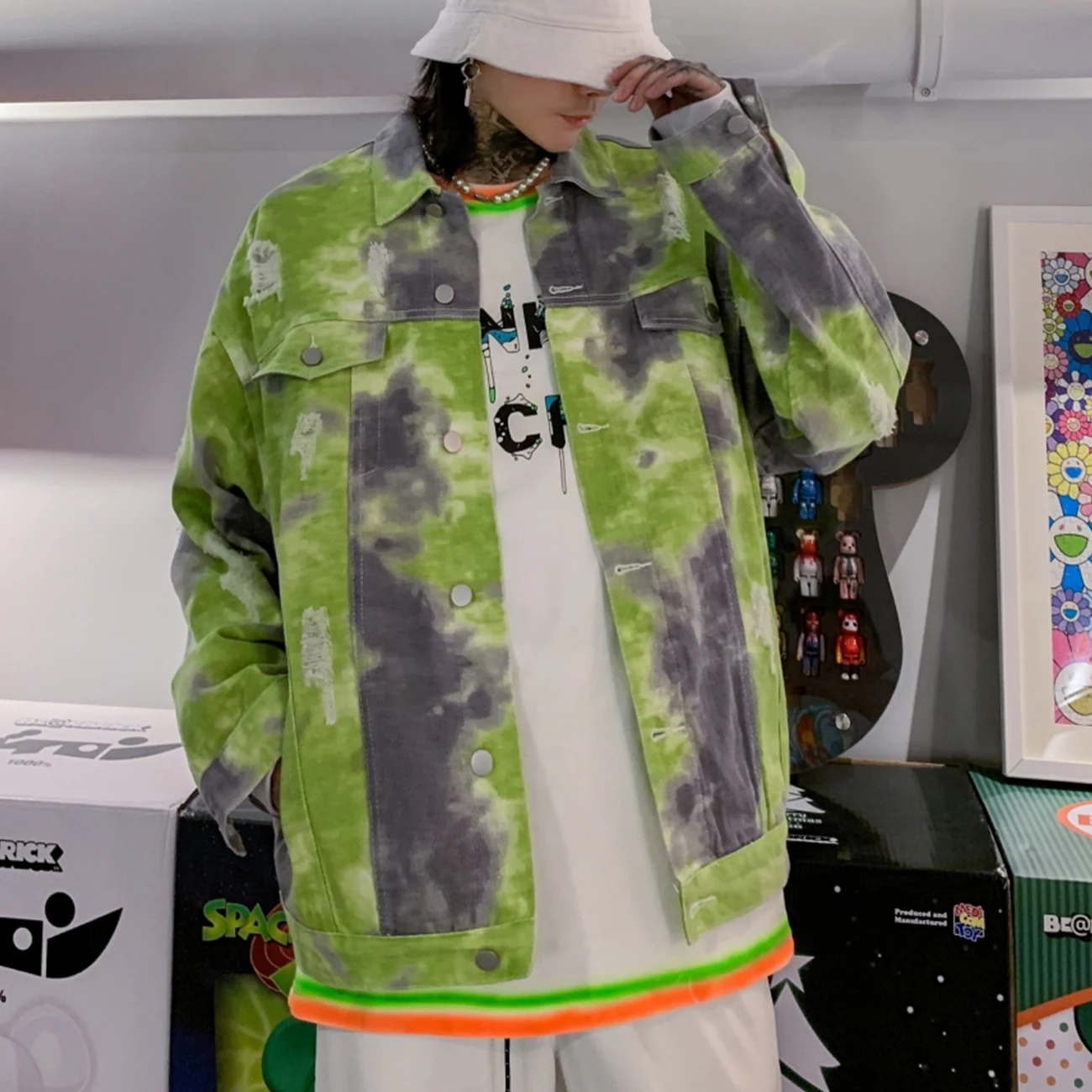 Куртка мужская джинсовая в стиле хип хоп винтажная уличная одежда с принтом