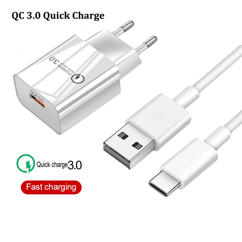 QC 3.0 Fast EU Plug Mobile Phone Charger For Xiaomi Mi 11 10 T Lite Poco X3 NFC M3 F2 Pro OPPO A52 A72 F17 Pro USB Type-c Cable