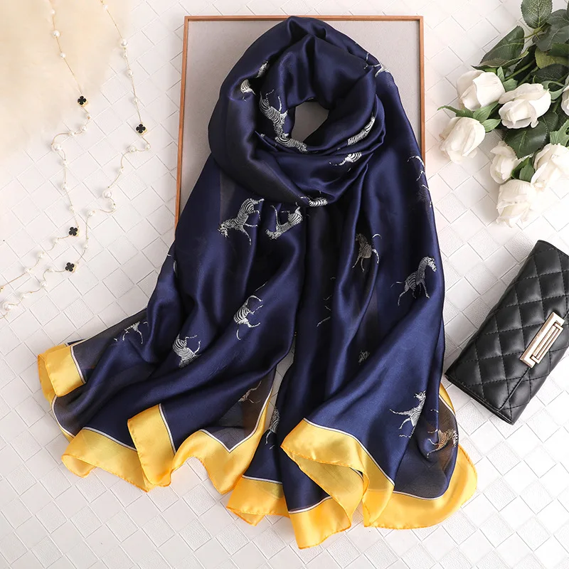 

2021 China luxury brand fashion summer and Autumn women beautiful printed large shawl silk scarves Foulard Beach wraps hijab