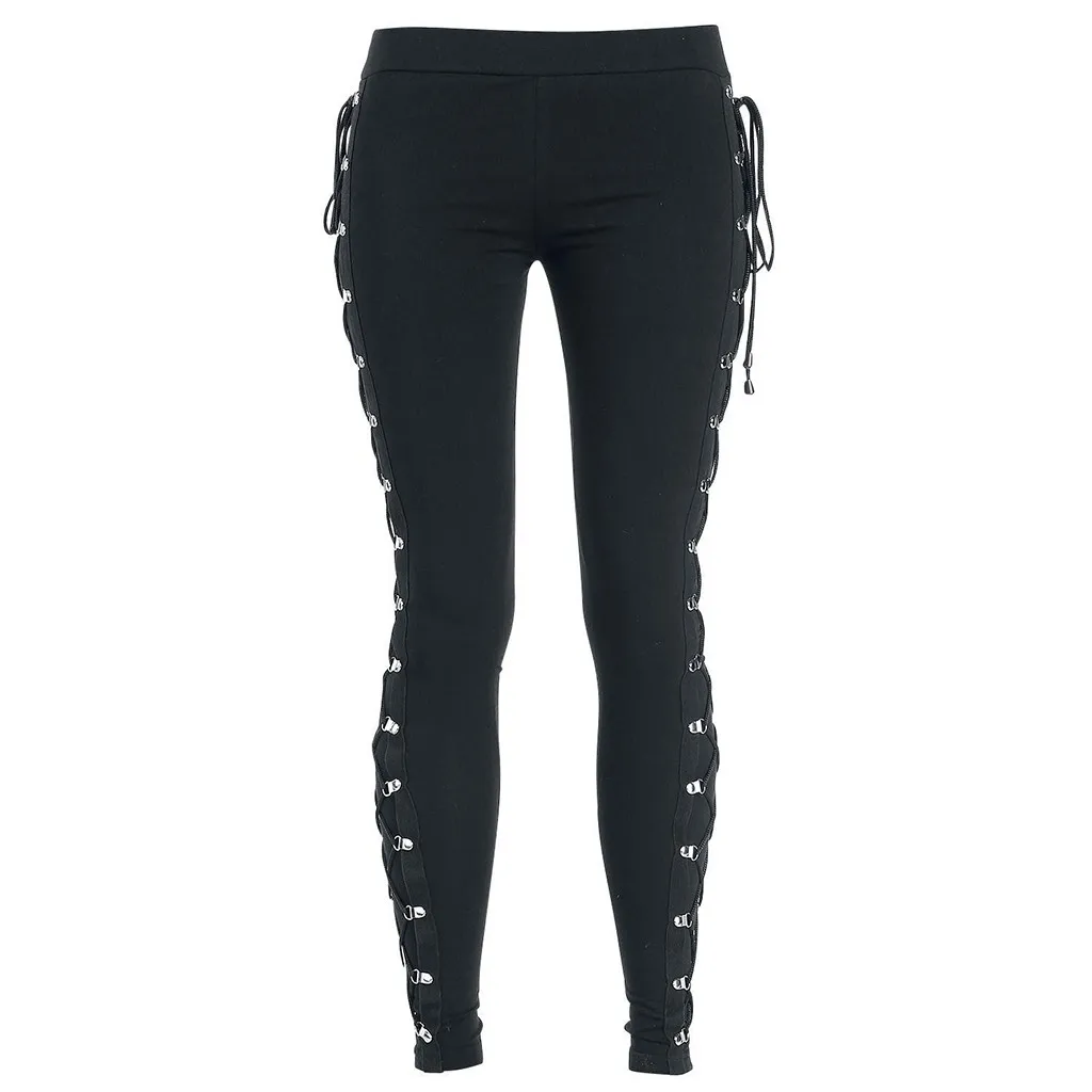

Women Fashion Gothic Lady Side Lace Up Leggings Black Skinny Pans Trousers Solid Color Sweatpants Training Riding Pants