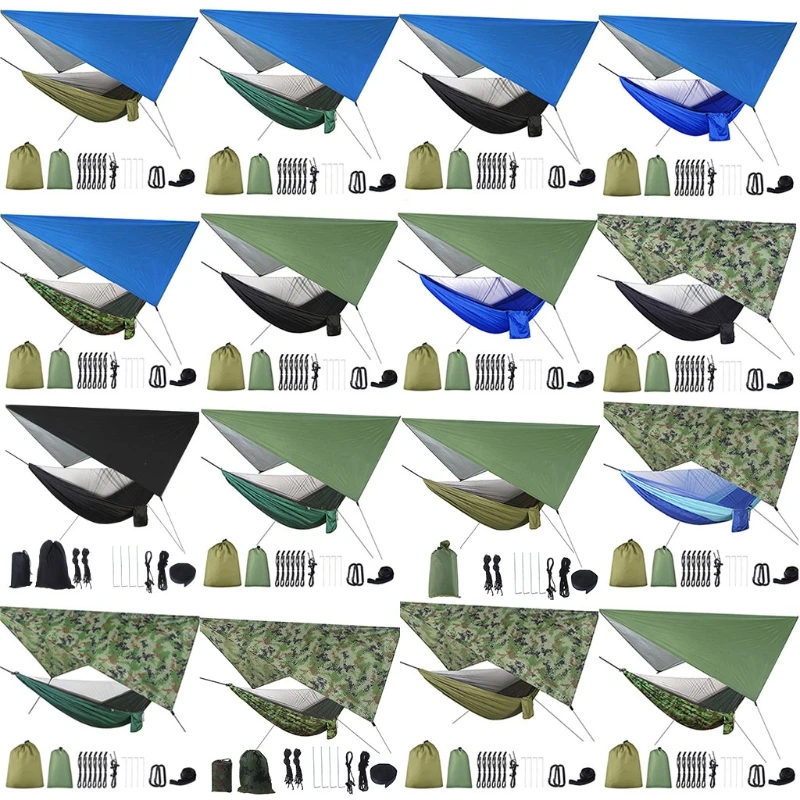 

652F Camping Hammock with Net and Tarp Rain Cover and Tree Straps 200kg Load Capacity 290 x 140 cm Nylon Double Hammock