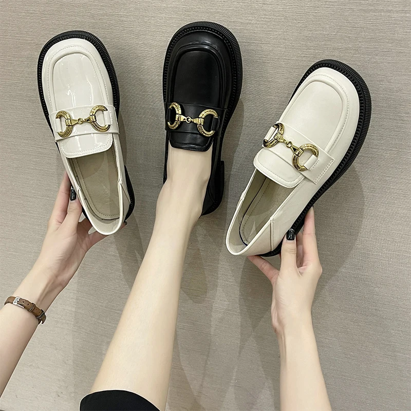 

Black Loafers Womens Platform Shoes Round Toe Korean Style Japan Stylish Women Pumps Beige Office Shoes