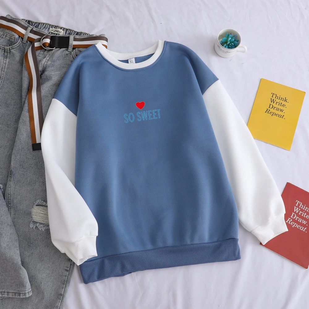 

Autumn Winter Fleece Hoodies Sweatshirt Women Streetwear Casual Harajuku Kawaii SO SWEET Heart Printed Pullover Spell Color Tops