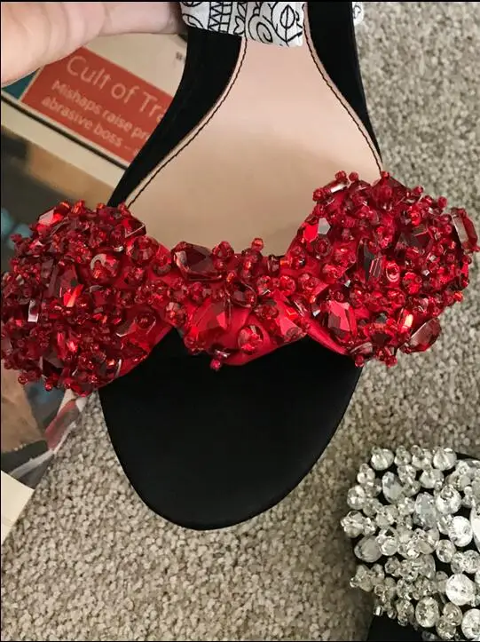 Sexy Red Rhinestone Butterfly-knot Women Sandals Open Toe Suede Thin Heel Wedding Shoes Bride Ankle Strap Crystal Summer Sandals
