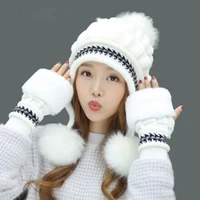 Simple Hot Ski Girl Women Beanies Skullies Female Cap warm 2022 Brand New Large Pompons Hot Skins Gloves Hat Knit Winter Hats