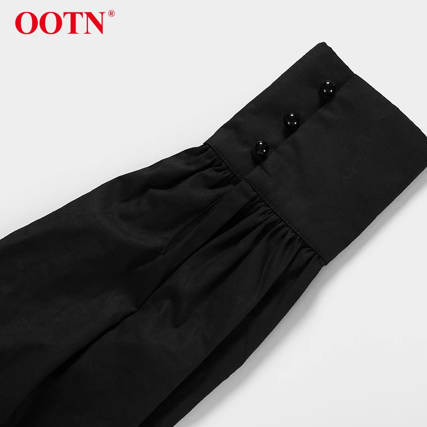 OOTN однобортный сексуальный черный укороченный Топ для женщин, с рюшами, с пышными рукавами, с квадратным воротником, блузки, женские осенние повседневные рубашки с длинным рукавом