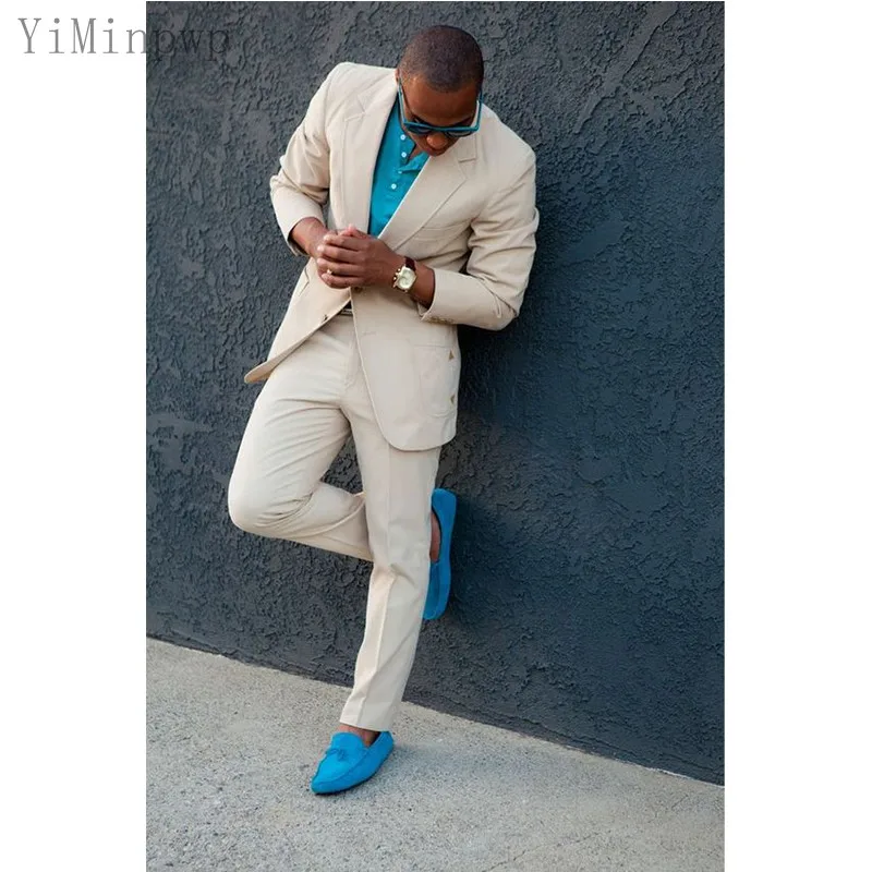 

YiMinpwp Beige Summer Suits for Men Notched Lapel Prom Suit Big and Tall Costume Mariage Homme 2 Piece Jacket+Pant