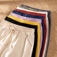 women pants spring summer ankle length casual straight pencil solid elastic waist harem girls pants thin cotton linen trousers