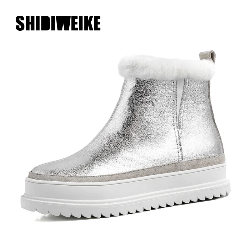 Женские зимние ботильоны из натуральной кожи на плоской платформе теплые