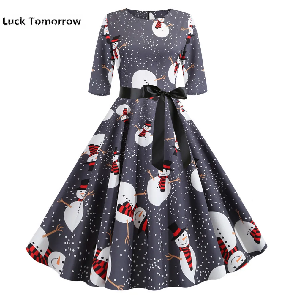 Рождественское винтажное платье с принтом снеговика для женщин зима осень 50 s 60
