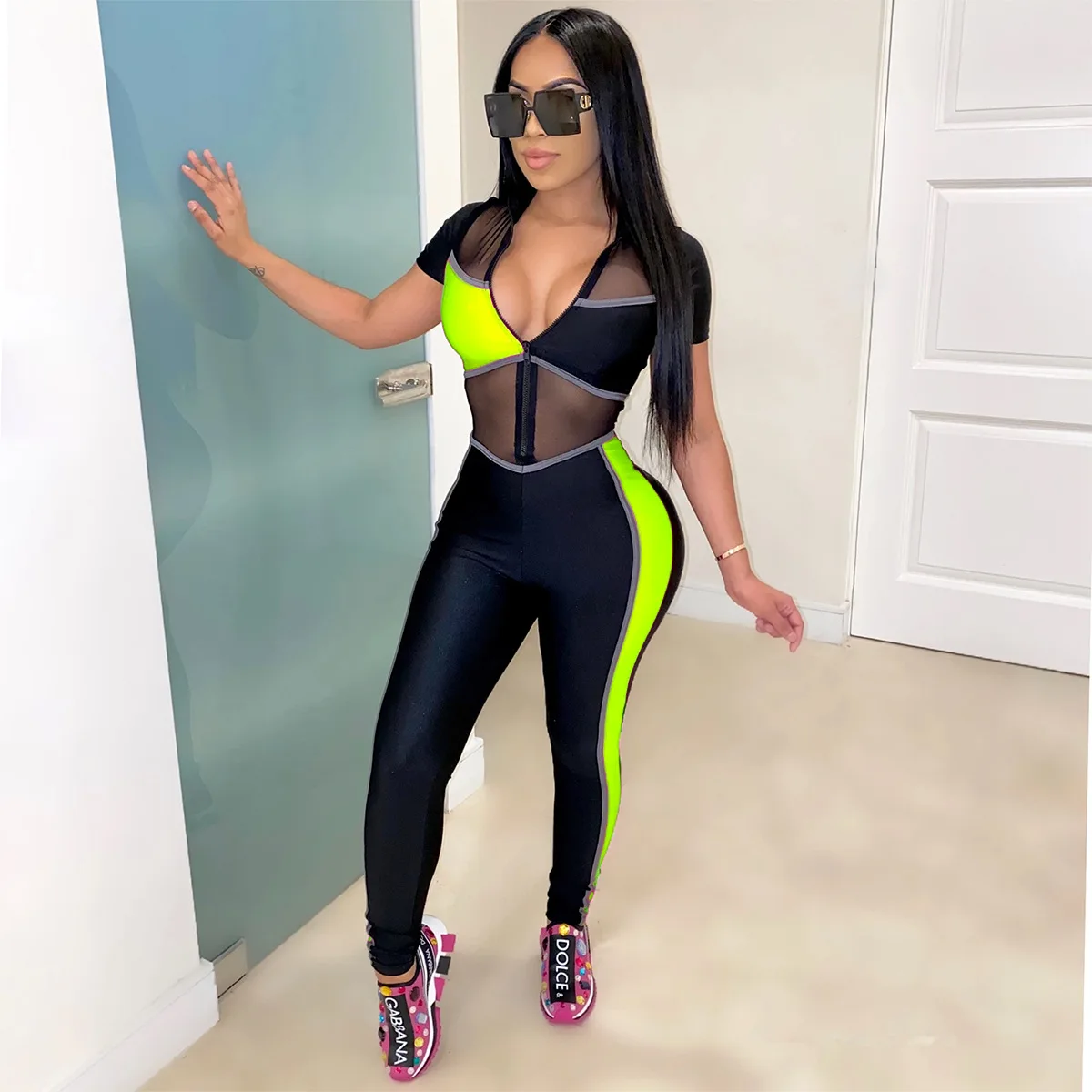 

Ursuper New Women's Color Matching Mesh Sexy Slim Fit Bodysuit Solid Summer