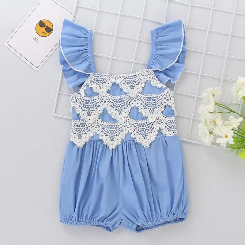 

Baby Princess One-piece Children's New Summer Girl Cotton Thin Short-sleeved Fashion Lace Casual Kids Blue Romper XB79