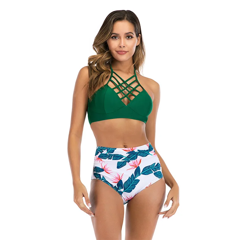 

Модный женский купальник из 2 предметов, купальник бикини с лямкой на шее и лямкой на шее, с завышенной талией, пляжный летний сезон 2021