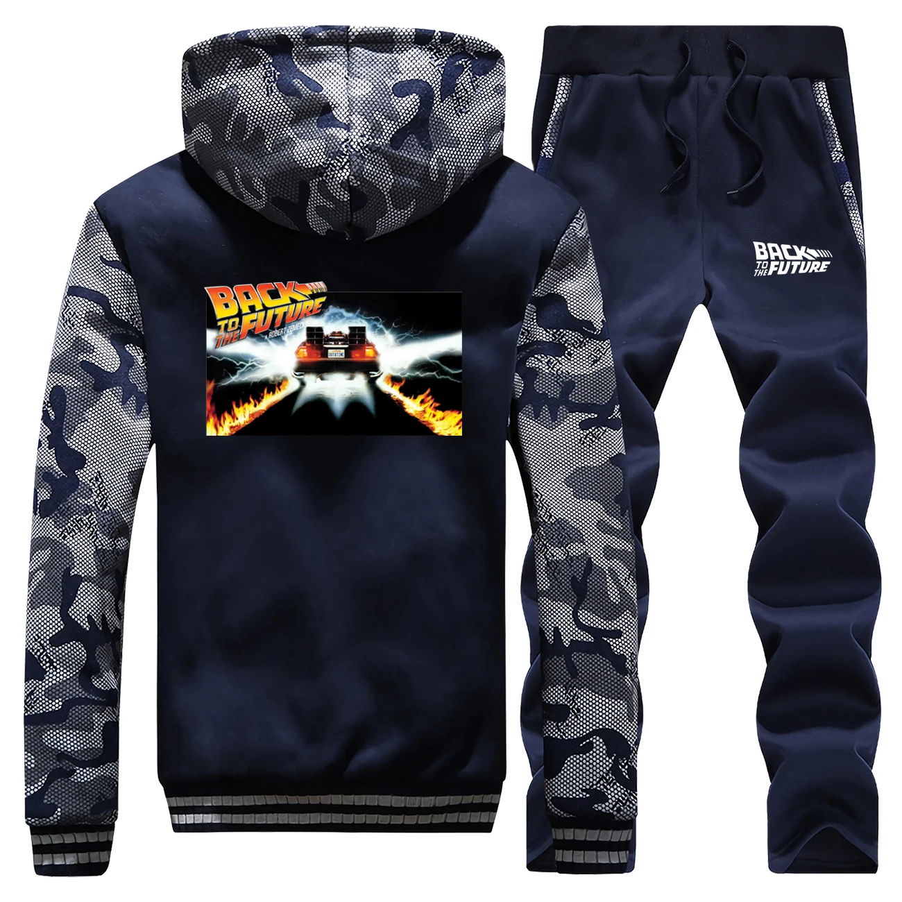 

Новые зимние 2019 пальто Толстые Back To The Future автомобиля мужские толстовки камуфляжной спортивной костюм теплая куртка + комплект из 2 предмето...