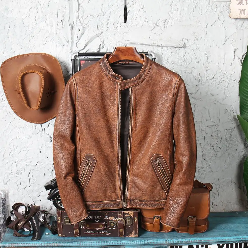 2021 винтажная коричневая кожаная мотоциклетная куртка в американском стиле